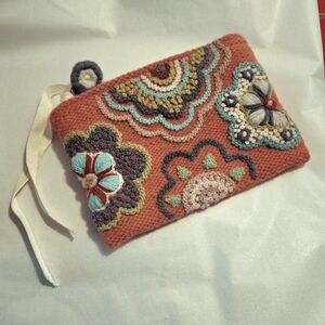Jenny Krauss Embroidered Wool Travel Makeup Pouch Floral Excellent NWOT